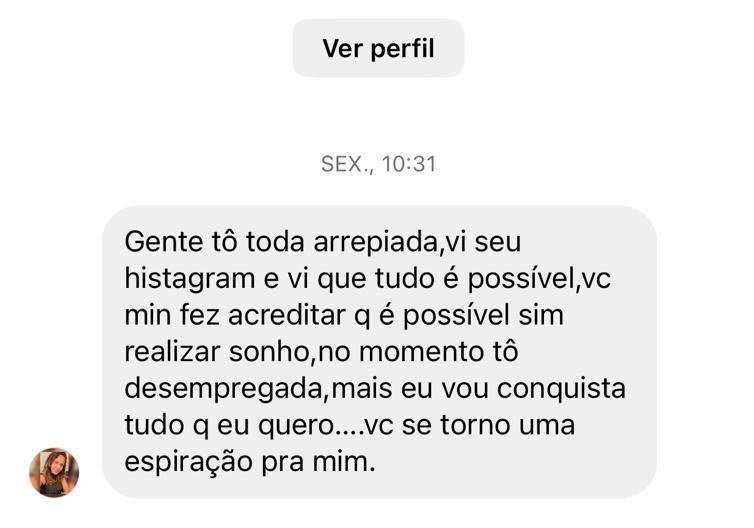 Print de depoimento de seguidora sobre a Elizandra Oliveira